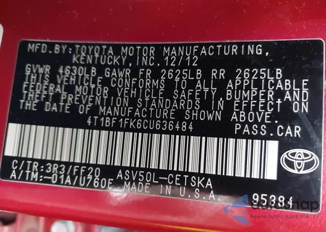 2012 Toyota Camry Se Limited Edition z USA, uszkodzony, nr VIN 4T1BF1FK6CU636484